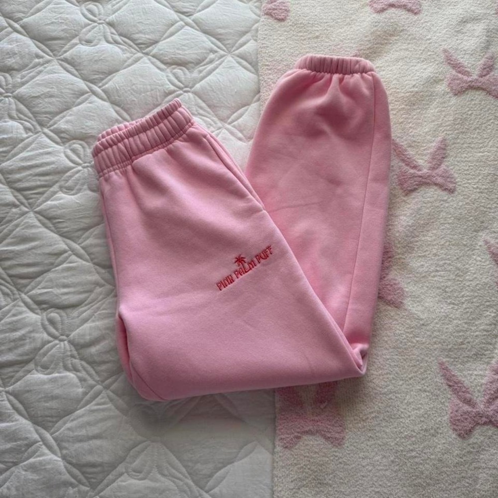 pink palm puff pink sweatpants joggers